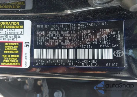 2021 Toyota Camry Le Hybrid from USA, damaged, VIN 4T1C31AK0MU567118